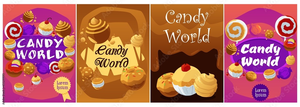 Candy world banners collection with sweet planets flat vector illustration.