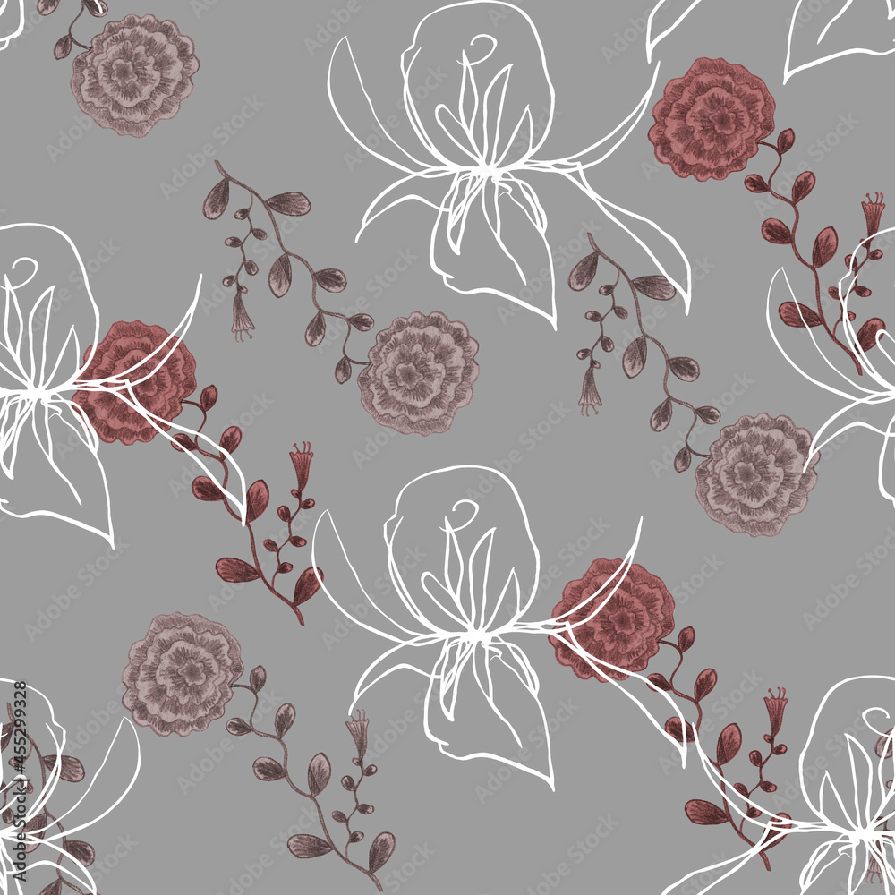 Seamless floral pattern on gray background. Seamless floral pattern on gray background.