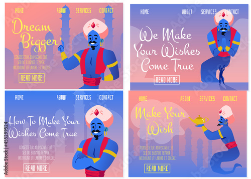Set fantasy web banners with genie granting wishes, flat vector illustration.