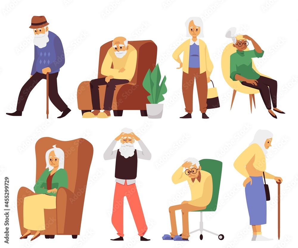 Tired or sick elderly men and women set flat vector illustration isolated.