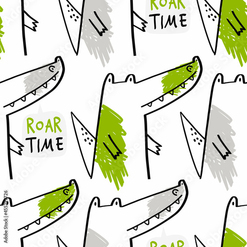 Vector hand-drawn seamless childish pattern with cute crocodile on a white background. Kids texture for fabric, wrapping, textile, wallpaper, apparel. Alligator. Illustration.