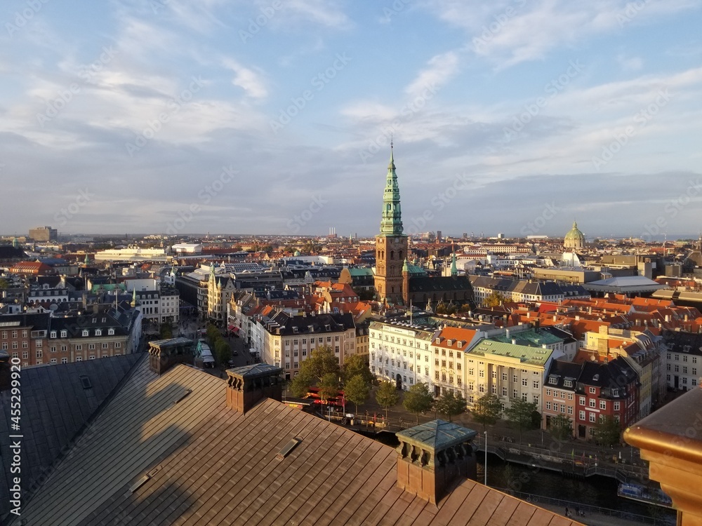 Copenhague, Denmark. September 28, 2019: Panoramic landscape of the city and its architecture with sky.