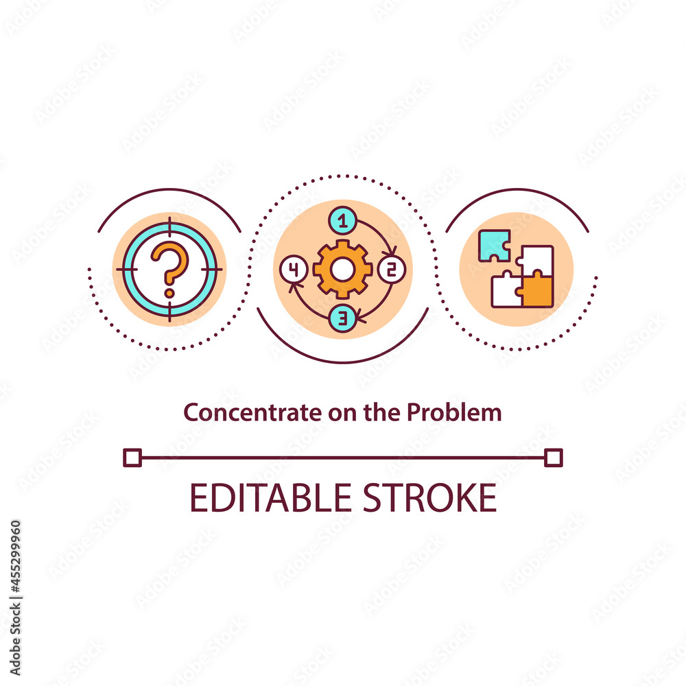 Concentrate on problem concept icon. Smart strategy to solve issue. Conflict management strategy abstract idea thin line illustration. Vector isolated outline color drawing. Editable stroke Concentrate on problem concept icon. Smart strategy to solve issue. Conflict management strategy abstract idea thin line illustration. Vector isolated outline color drawing. Editable stroke