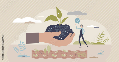Smart agriculture and modern soil information measurement tiny person concept. Biotechnology and futuristic farmer work using technologies for precise humidity, temperature and climate regulation.