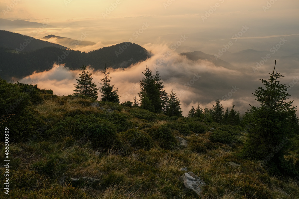 Fagaras Mountains cloudscape scenery in late summer at sunset