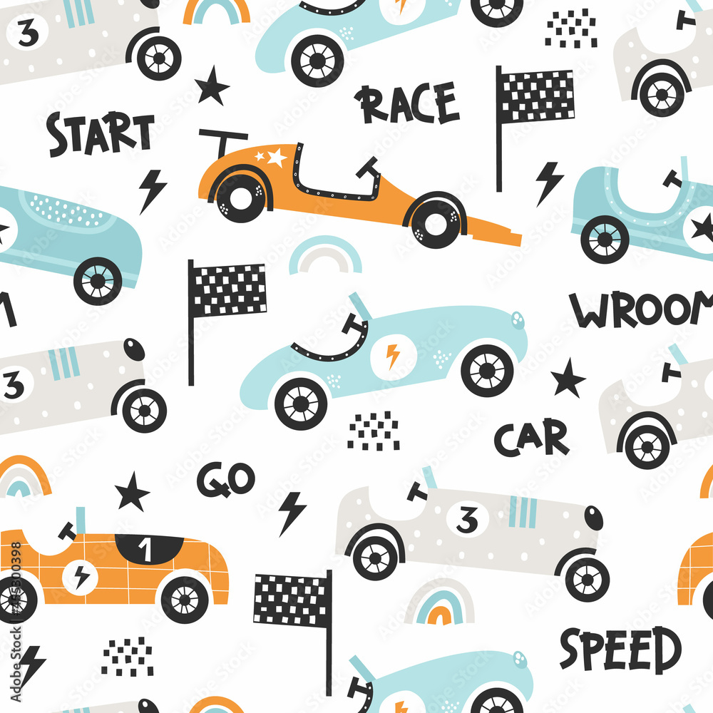 Vector hand-drawn seamless childish pattern with cute retro racing cars on a white background. Kids texture for fabric, wrapping, textile, wallpaper, apparel. Scandinavian design.