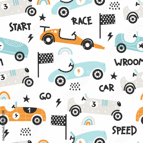 Vector hand-drawn seamless childish pattern with cute retro racing cars on a white background. Kids texture for fabric  wrapping  textile  wallpaper  apparel. Scandinavian design.