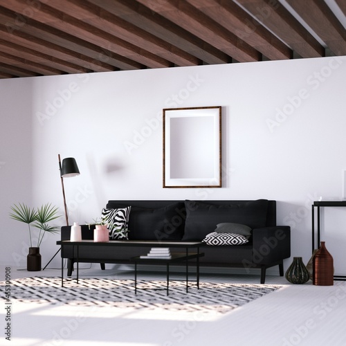 Modern Interior with Geometric Decorations with Empty Art Print Frame Mockup On Walls