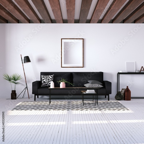 Modern Interior with Geometric Decorations with Empty Art Print Frame Mockup On Walls
