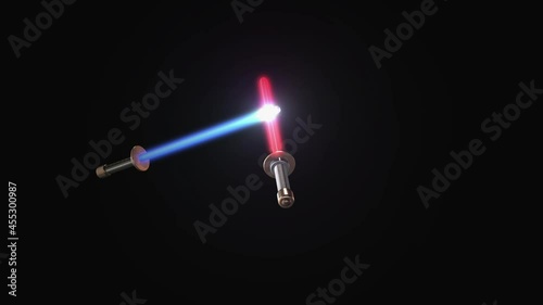 Two fighting laser sabers 3d motion 4k video. Light swords fight. Neon saber blade battle scene. Rivals or competitors concept. Force or power visualization. Glowing saber combat photo