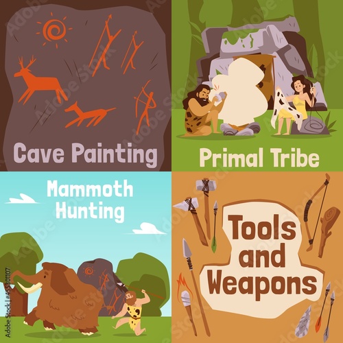 Set banners on topic of prehistoric cave people life, flat vector illustration.