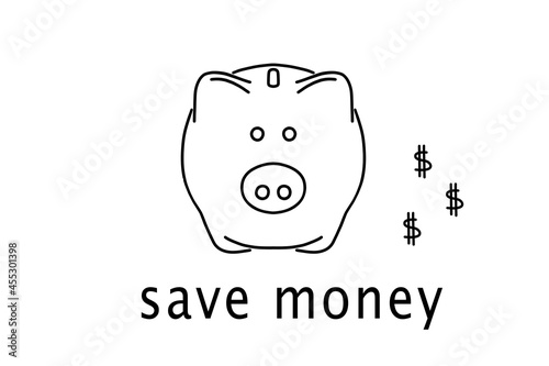 Drawn piggy bank on white background with the text 