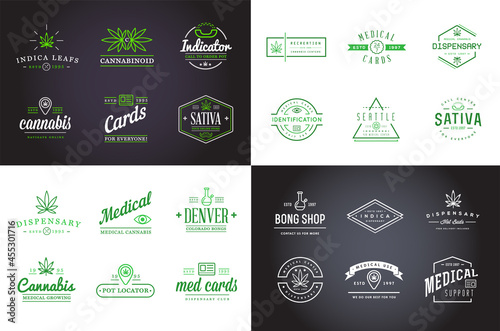 Set of Medical Cannabis Marijuana Sign or Label Template in Vector. Can be used as a Logotype. Fictitious Names for Example.