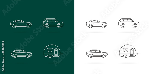 Cars icons Set. White lines style on dark and white background.