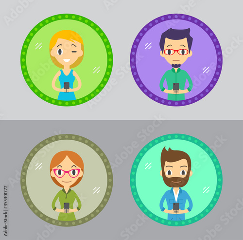 Set of Four Characters Icons with Device in the Hand. Take a selfie in the mirror with the Smartphone. Man and Woman.