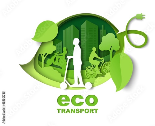 Green leaf with city buildings, people riding bicycle, scooter, vector paper cut illustration. City eco transport poster
