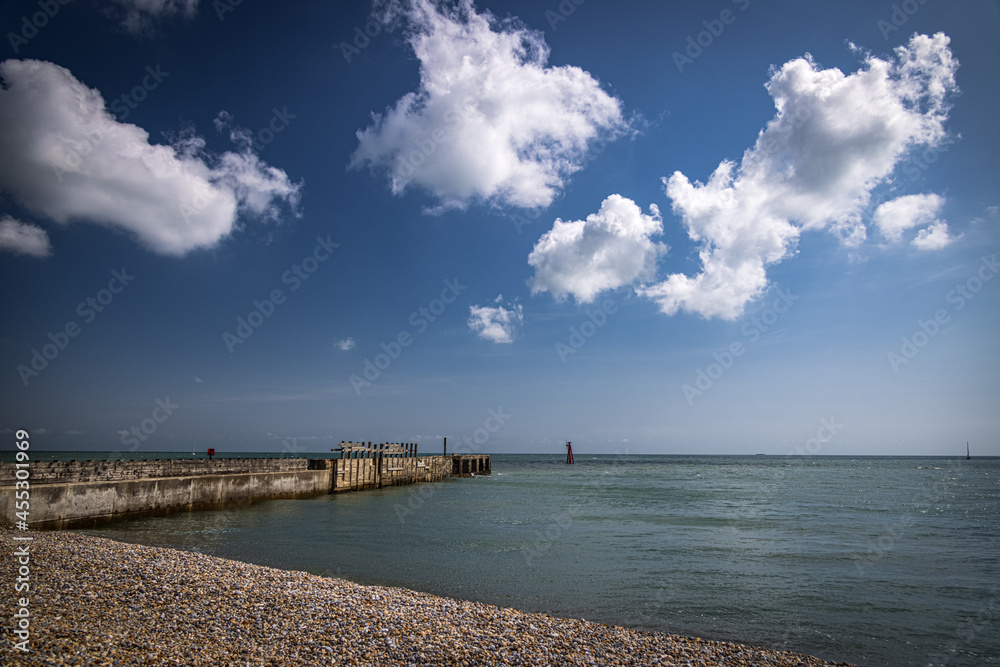 Beach and jetty at Rye Harbour, Sussex, England