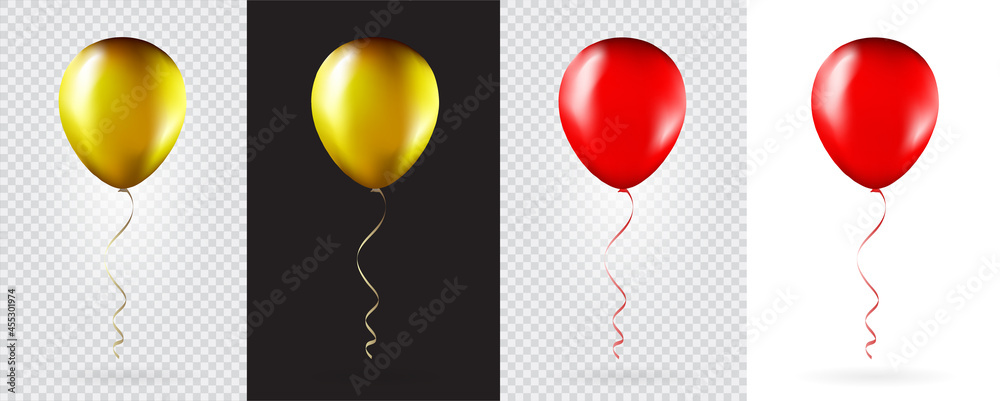 Big Set of Gold and Red balloons on transparent white background. Mockup for balloon print. Vector. - obrazy, fototapety, plakaty 