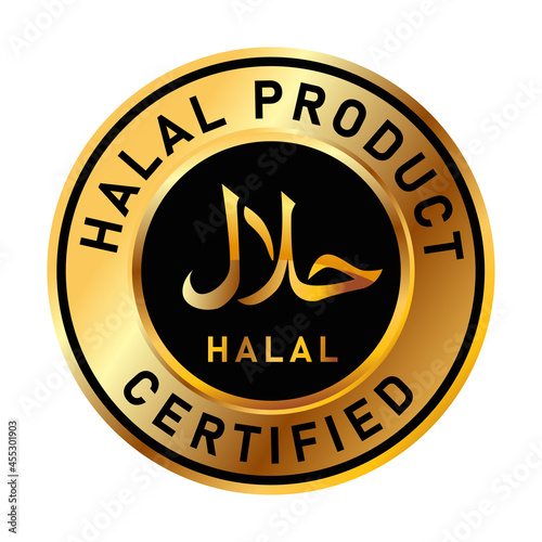 Gold halal food stamp Islam Muslim approved product badge sticker in golden premium design white background photo