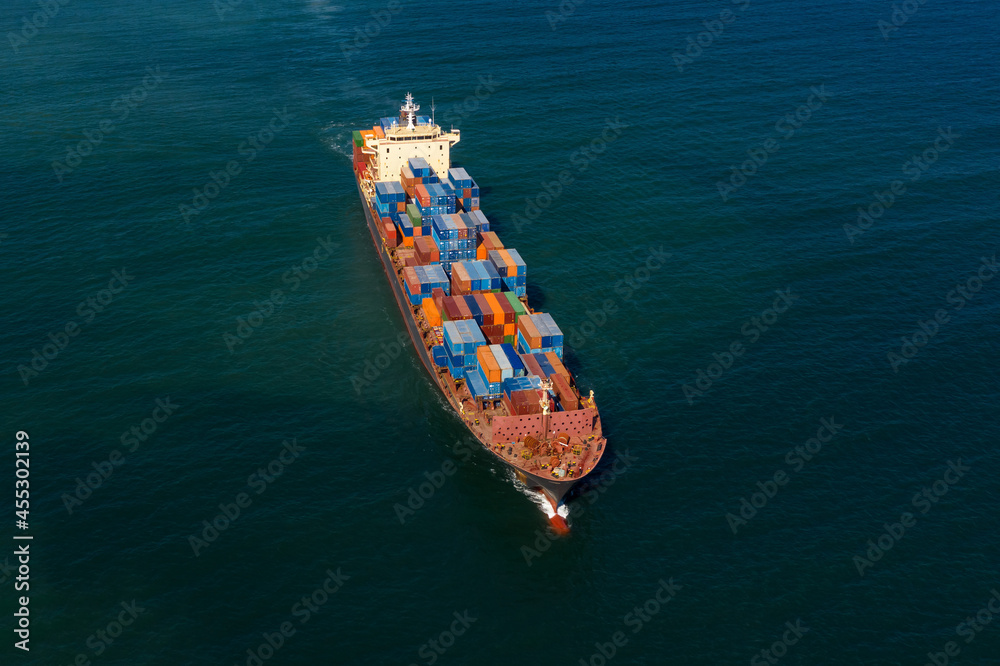 Aerial view of cargo ship in float in sea