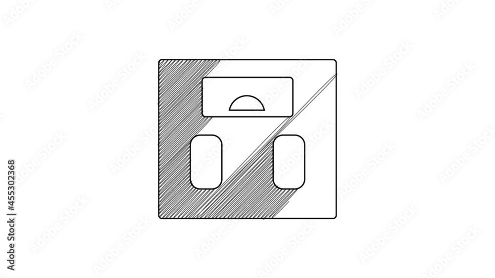 Black line Bathroom scales icon isolated on white background. Weight measure Equipment. Weight Scale fitness sport concept. 4K Video motion graphic animation Black line Bathroom scales icon isolated on white background. Weight measure Equipment. Weight Scale fitness sport concept. 4K Video motion graphic animation