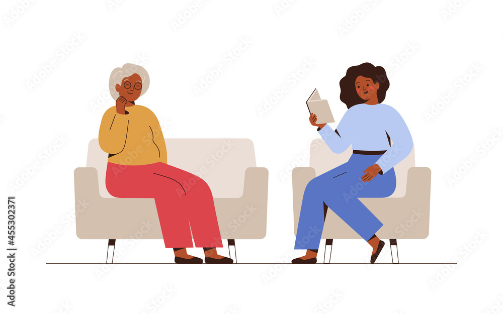 Fototapeta premium Young female caregiver is reading book for senior woman. Volunteer is taking care of elderly people. Vector illustration