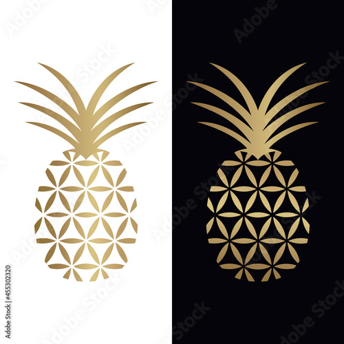Golden geometric pineapple logo design to incorporate flower of life and pineapple incorporated in one. Abstract logo, symbol, emblem or icon of tropical fruit in golden color. Vector illustration.