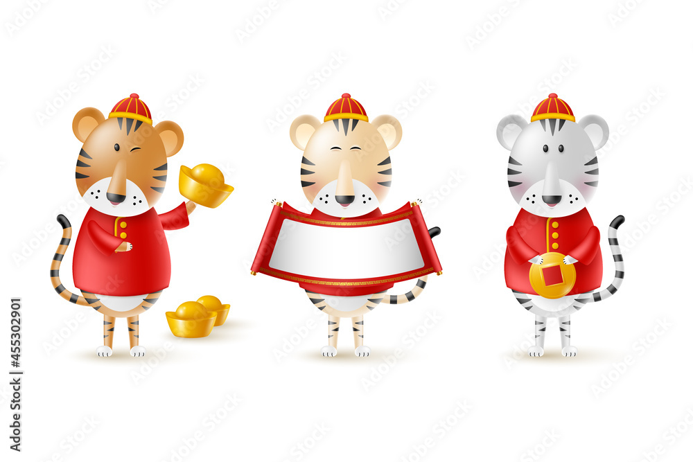 Chinese New Year cute tigers. Funny characters in cartoon 3d style. Year of the Tiger zodiac. Happy tigers with gold coin, ingot and scroll. Isolated on white. Vector illustration. Chinese New Year cute tigers. Funny characters in cartoon 3d style. Year of the Tiger zodiac. Happy tigers with gold coin, ingot and scroll. Isolated on white. Vector illustration.