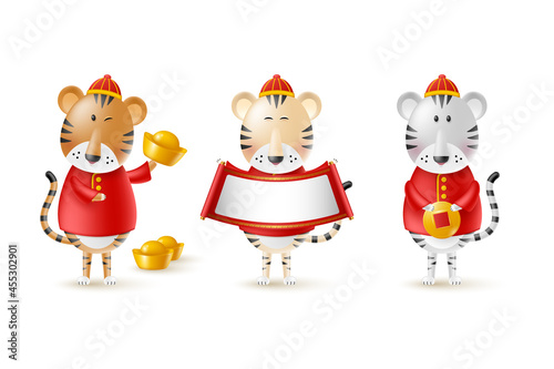 Chinese New Year cute tigers. Funny characters in cartoon 3d style. Year of the Tiger zodiac. Happy tigers with gold coin, ingot and scroll. Isolated on white. Vector illustration.