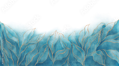 Fototapeta Naklejka Na Ścianę i Meble -  Blue Watercolor background. Golden line leaves drawn by brush. Textured paper with blank space. Veins of marble texture. Winter pattern border. Elegant luxury wallpaper hand painted for design, print.