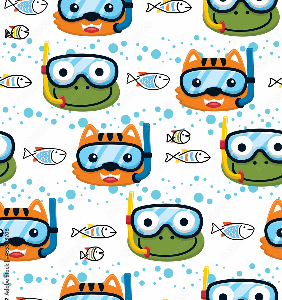 Seamless pattern vector of cat and frog wearing diving mask with fishes underwater Seamless pattern vector of cat and frog wearing diving mask with fishes underwater