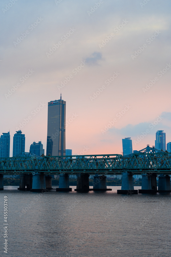 Fototapeta premium 63빌딩과 한강, 노들섬에서 바라본 전망