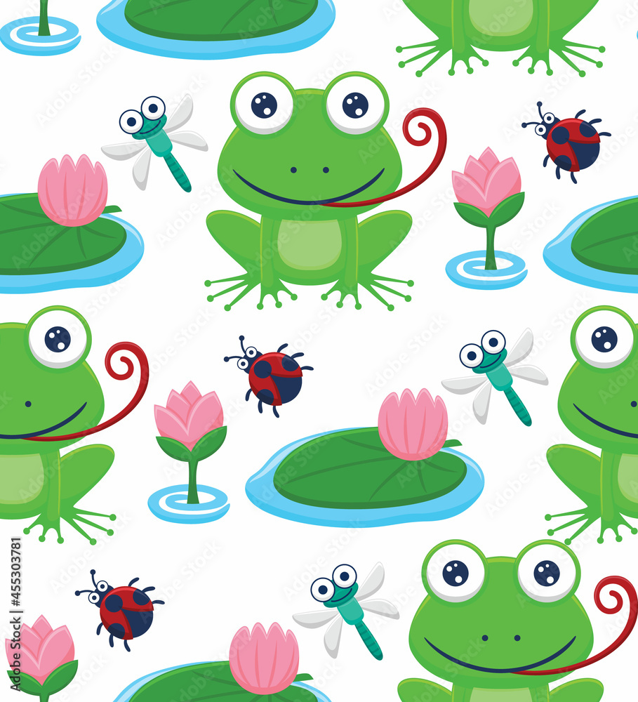 Seamless pattern vector of frog and bugs cartoon with lotus flower in the swamp