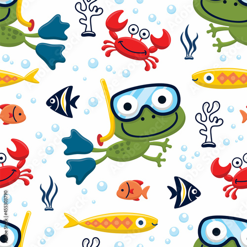 Seamless pattern vector of diving frog with marine animals