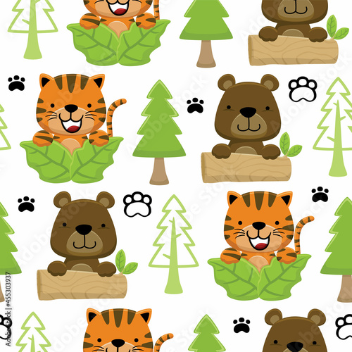 Seamless pattern vector of cat with bear cartoon playing hide and seek in jungle