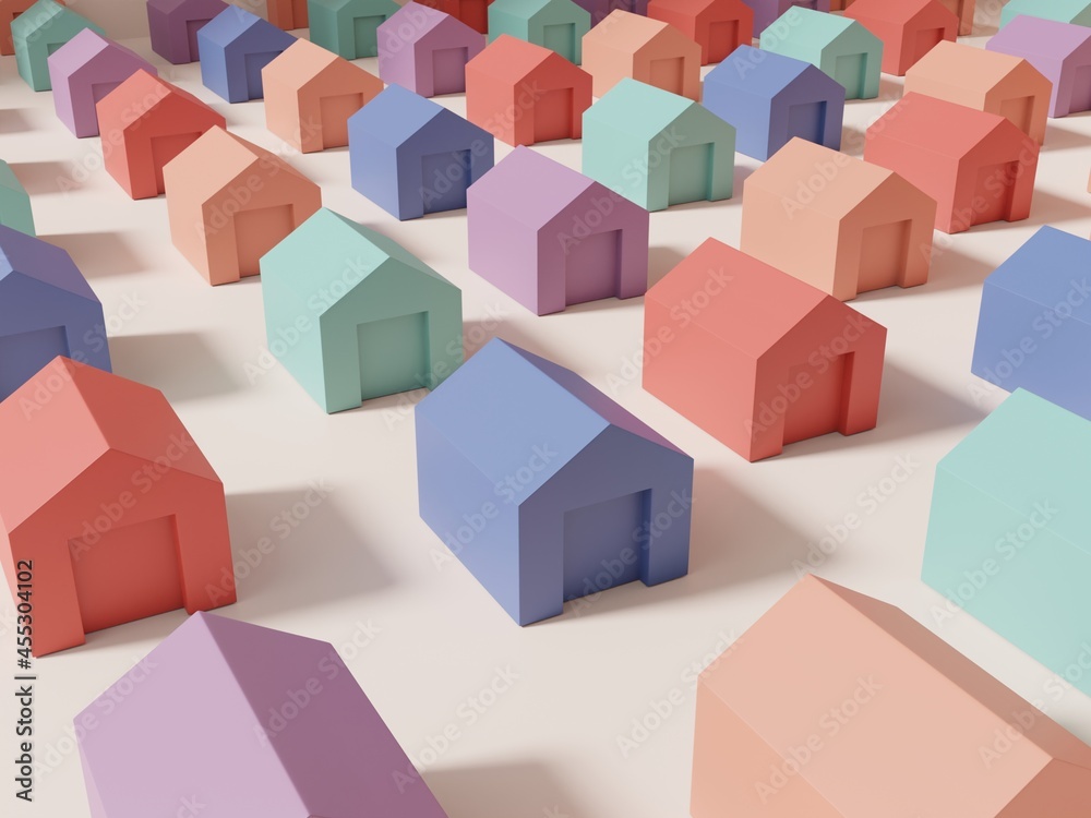 3D Rendering Multi Pastel Colors Studio Shot Miniature or Rainbow Jigsaw Blocks Houses Background for Card, Poster or Web Banner. Purple, Yellow, Pink and 3D Rendering Multi Pastel Colors Studio Shot Miniature or Rainbow Jigsaw Blocks Houses Background for Card, Poster or Web Banner. Purple, Yellow, Pink and