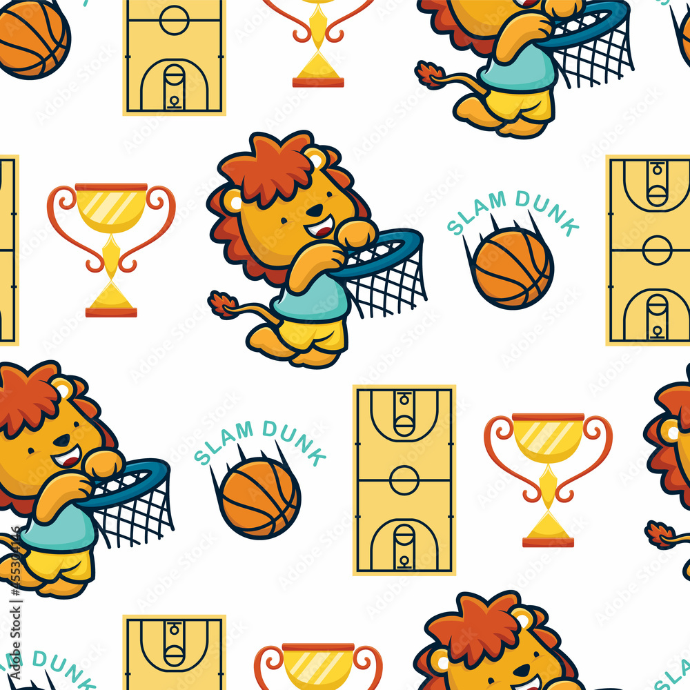 Seamless pattern vector of lion cartoon playing basketball with basketball elements