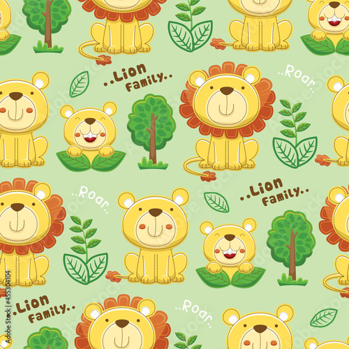 Seamless pattern vector of lion family cartoon with trees and plants © Bhonard21