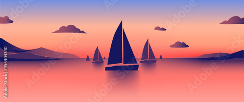 Horizontal image with seascape, sailing boats and mountains. Vector illustration.