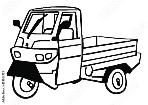 Auto rickshaw tuk-tuk transport sketch engraving raster illustration. T-shirt apparel print design. Scratch board style imitation. Black and white hand drawn image.