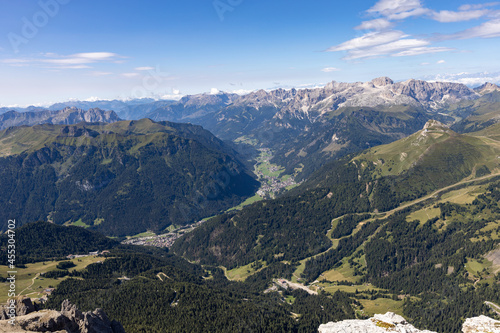 Val Di Fassa and Canazei seen from Sass Pordoi (aka the Terrace of the Dolomites). Alps, Val di Fassa, Trentino Alto Adige, Trento, Italy