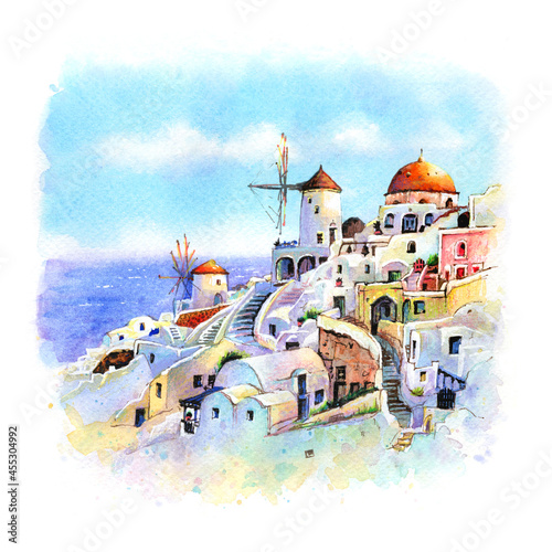 Watercolor sketch of Oia on island Santorini, white houses and windmills at sunset, Greece