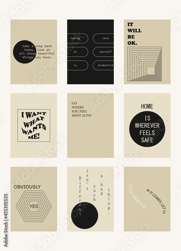 Set of positive motivation posters on trendy abstract background in neutral colors.