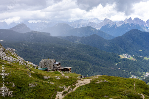 Amazing alpine scenery at Forcella Coldai with Rifugio Sonnino on Civetta group. Alps, Dolomites, Alleghe, Belluno, Italy