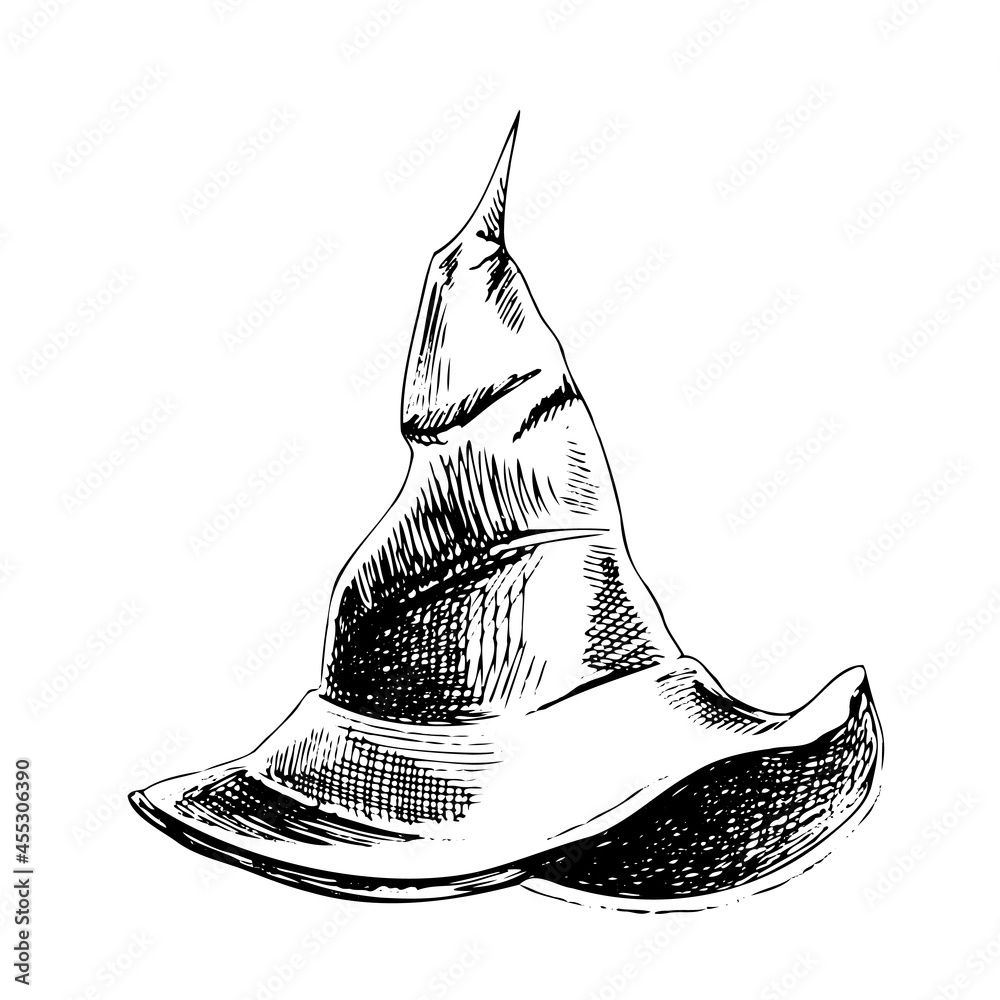 Naklejka premium Vintage illustration for Halloween. A hand-drawn sketch of a witch's pointed hat. Vector illustration.