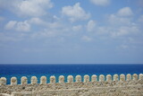 View over the fortress wall of Enetikón Froúrion Rocca a Mara Greece Crete onto the Gulf of Heraklion