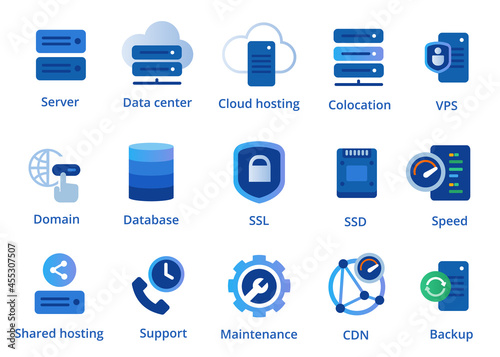 web hosting service icon set from colocation server VPN shared to CDN and SSL photo