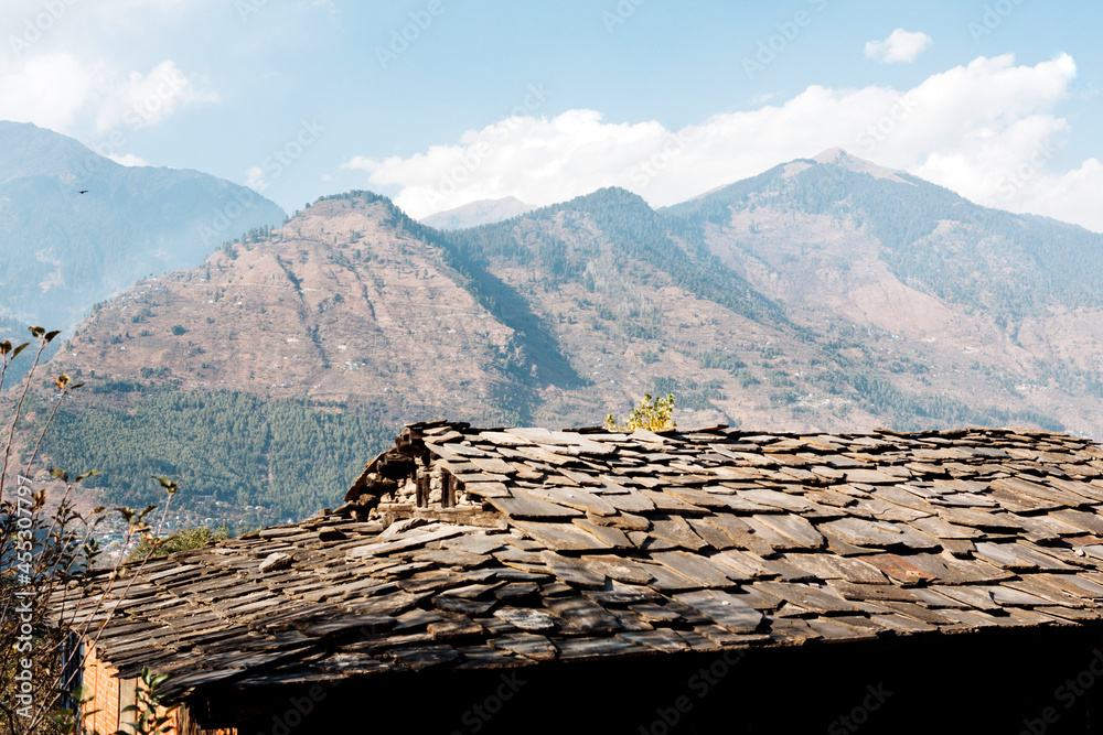 Traditional roof made of flat stones, Kulu valley, Himachal Pradesh ...