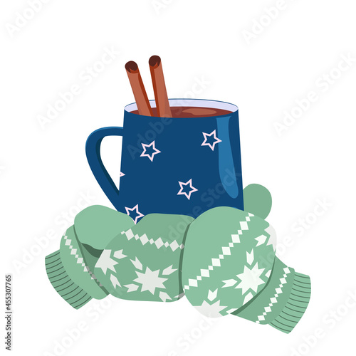 Hands hold cup of coffee in knitted winter gloves. Winter cozy illustration of drinking coffee, cappuccino with cinnamon on a white isolated background.