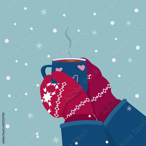 Hands hold cup of coffee in knitted winter gloves. Winter cozy illustration of drinking coffee, cappuccino.